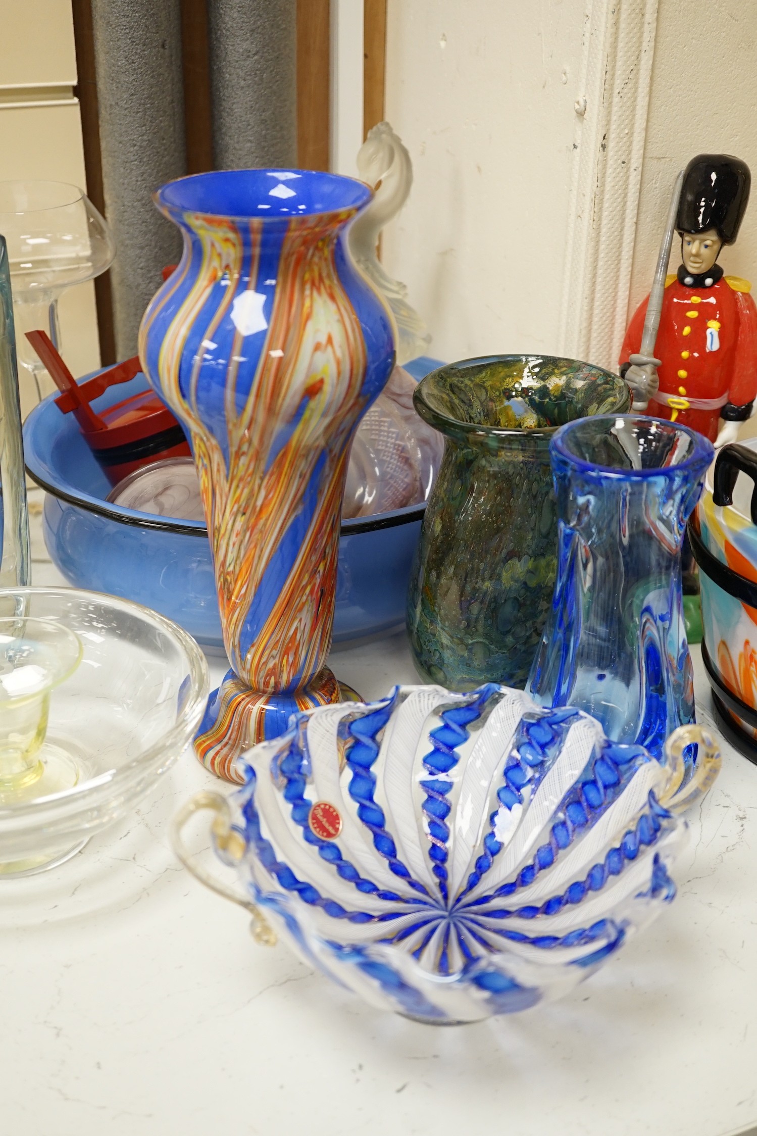 Six porcelain figures, a Murano labelled two handled dish and mixed glassware